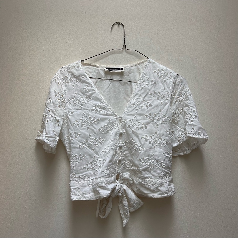 Abercrombie & Fitch White Eyelet Tie-Front Button Top
